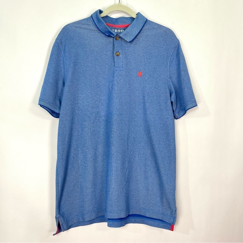 Men’s IZOD Short Sleeve Collared Polo Button Shirt Blue Raspberry Logo Sz Large